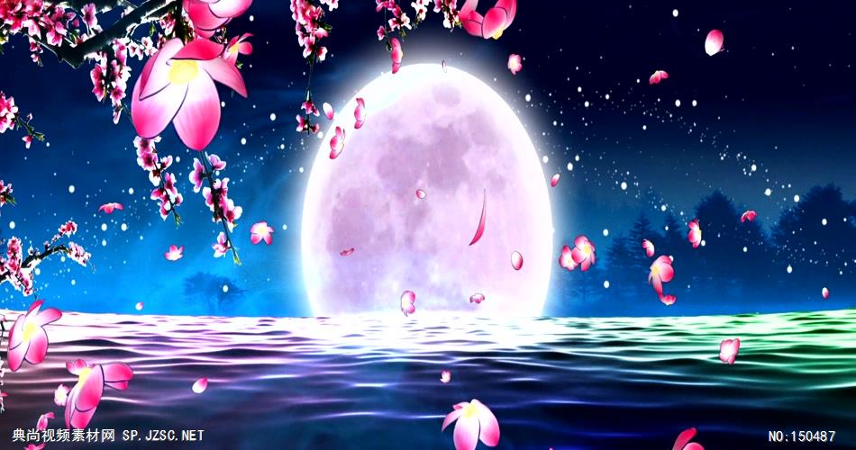 YM4671月亮海面漂花瓣 夜色 明月 荷花 中国风视频 背景视频