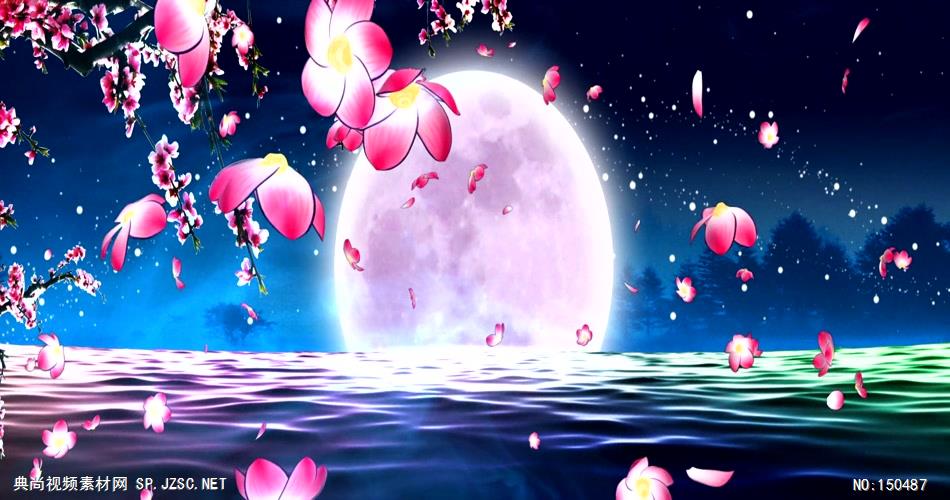 YM4671月亮海面漂花瓣 夜色 明月 荷花 中国风视频 背景视频