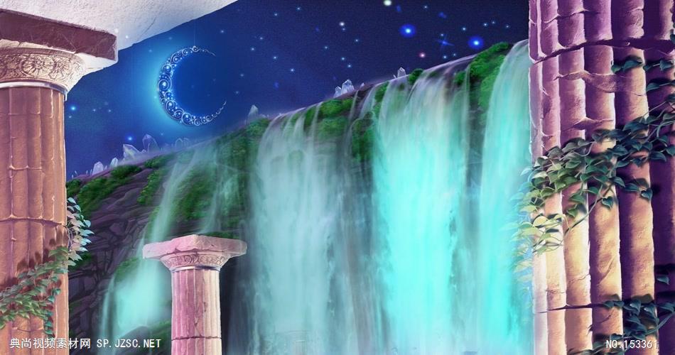 A411-高清月夜瀑布星空罗马柱 视频动态背景 虚拟背景视频