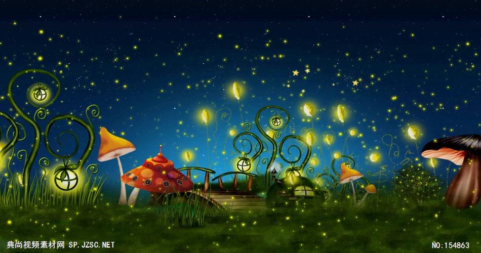 YM3514星空夜景草地蘑菇萤火虫 梦幻绿色森林 视频动态背景 虚拟背景视频