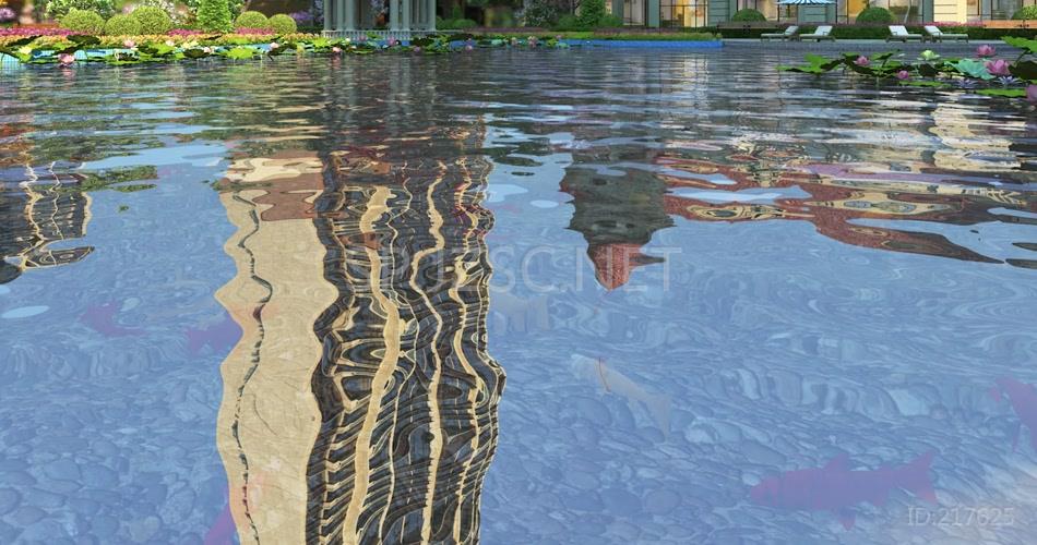 地产住宅楼建筑水面倒影三维动画视频素材
