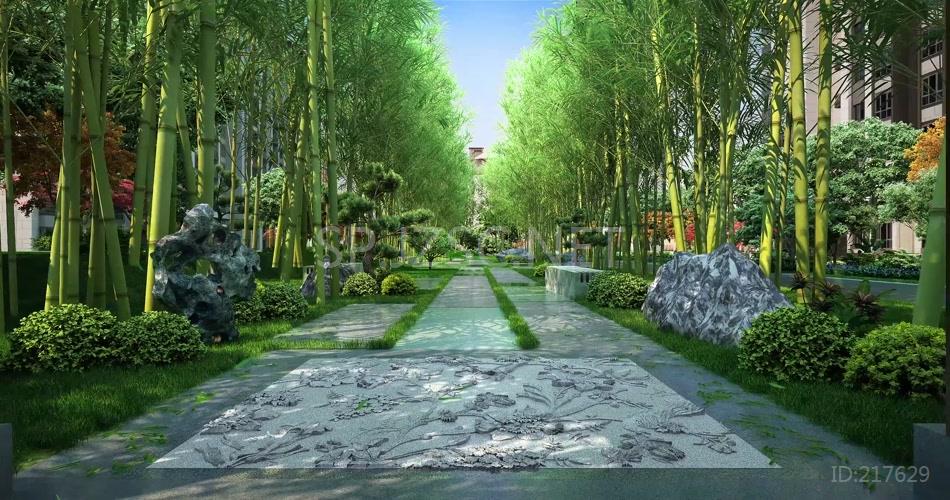 清新新中式园林中轴景观道路竹林竹叶飘落视频素材